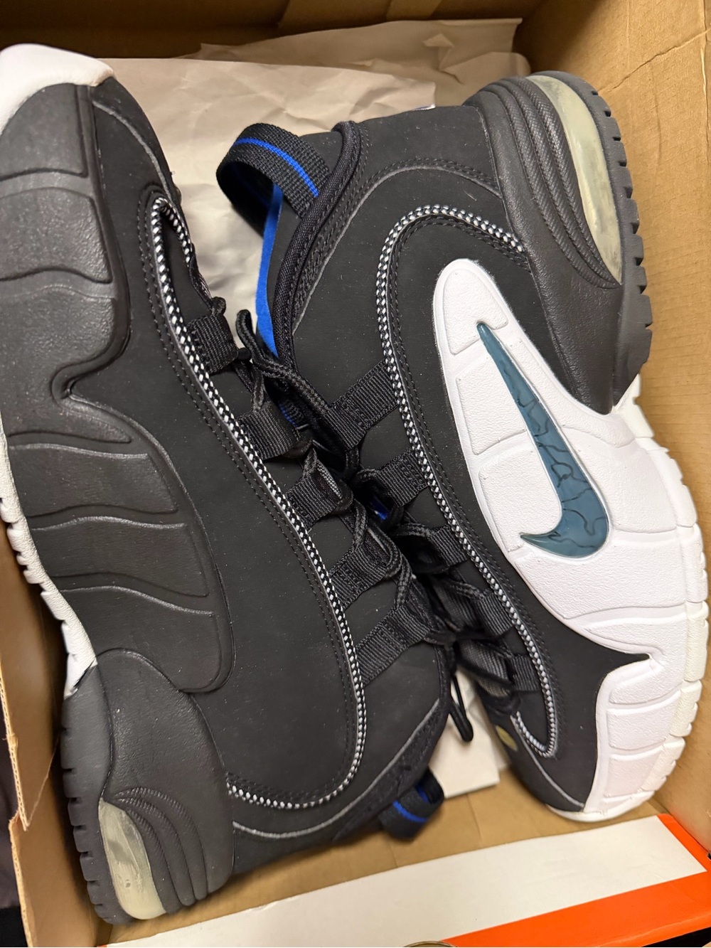 New in box Nike Air Max Penny 1 Men's Black, White and Blue Athletic Shoes
